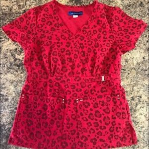 KOI Sapphire leopard scrub top